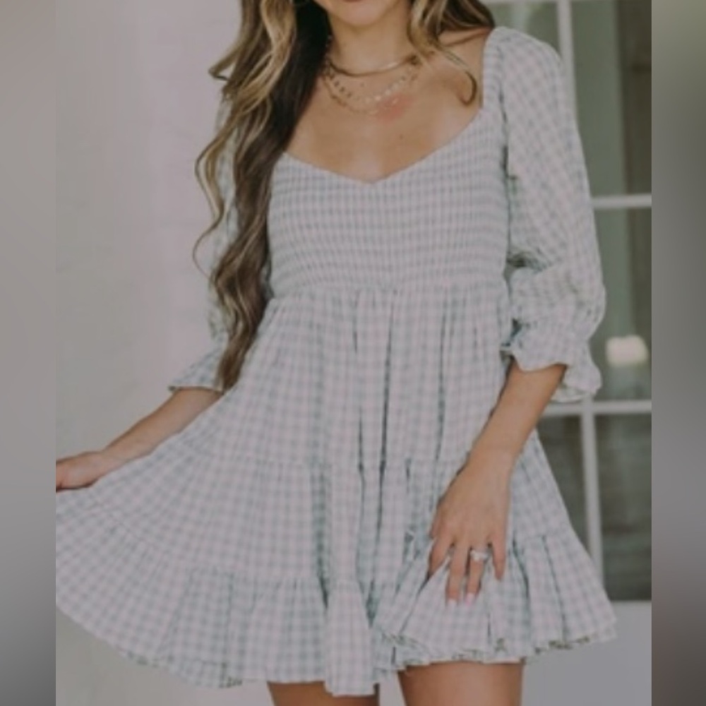 light blue gingham print babydoll dress - these three boutique. NWOT.